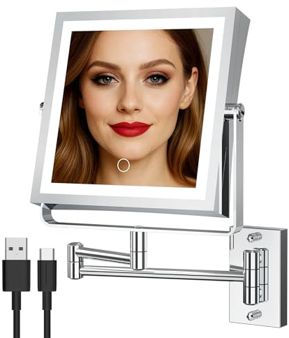 WZRUA 4000mAh Wiederaufladbar Kosmetikspiegel mit Beleuchtung Wandmontage, 1X/10X Schminkspiegel mit Vergrößerung, Dimmbar Rasierspiegel 3 Farben, 360° Drehbar Schminkspiegel für Badezimmer (Silber)