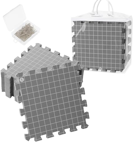 9-Pack Knitting Blocking Mats Kit with Grid Extra Thick Foam Boards for Knitting Crochet Projects 100 T-Pins Clear Carrying Bag Interlocking Blocking Boards for Shawls Blankets Crafts (9-Pack, Grey)