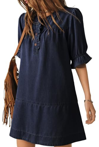 Dokotoo Women's Jean Dresses 2026 Button Up Front Denim Dress Flare Short Sleeve Crew Neck Jean Dress A-Line Mini Dress Navy Blue Large