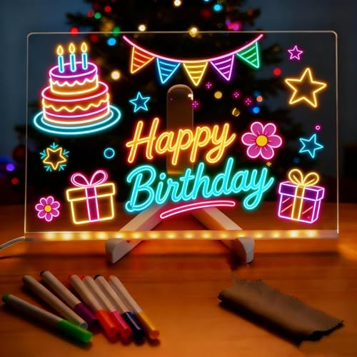 Pizarra LED de acrílico transparente brillante, pizarra de escritura borrable con 7 colores, pluma incluida, soporte ajustable y bloc de notas luminoso, mesa de notas LED, para hogar, oficina, niños y