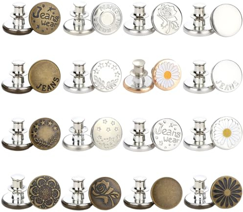 NOPVUFA 16 Boutons de Jean sans Couture, 16 Styles en Argent & Bronze Vintage, Boutons Pression Métal Réglables 17mm, Serrer Taille & Réparation DIY Pantalon, Ajustement de Pantalon