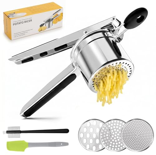 Dexpally Kartoffelpresse Edelstahl Spagettieis Quetsche 450ml Spaghetti Eispresse mit 3 Austauschbare Sieb und Reinigungsbürste Kartoffelpüree, Spätzle, Gnocchi, Gemüse und Saucen