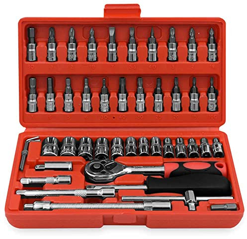 OcioDual Juego Herramientas de Mano Mecánicas Manuales Maletin Maleta 46 Piezas Carraca Reversible Vaso Combinadas Allen Taller