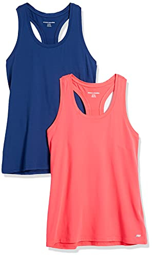 Amazon Essentials Women's Active Workout Quick Dry Tech Stretch Racerback Vest (Available in Plus Size), Pack of 2, Blue/Coral Pink, S