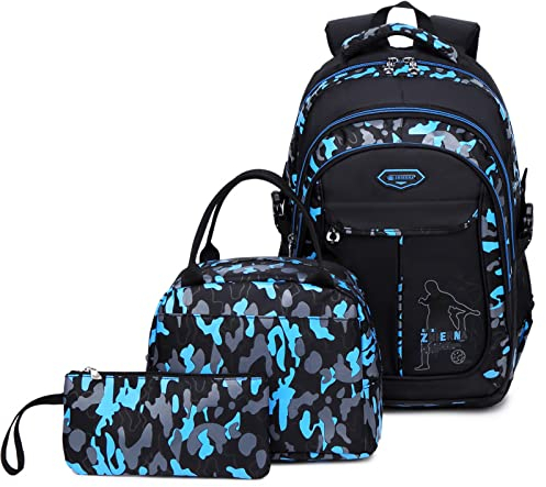 IvyH Schulrucksack Jungen Teenager, Kinderrucksack Camouflage Rucksäcke Jugendliche Jungen Mädchen 3-In-1 Schulranzen für Schule(Blau)