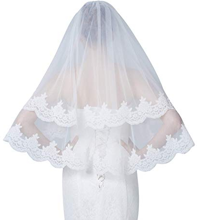 BEAUTELICATE Schleier Braut Spitze Brautschleier Kurz Blush Schleier für Braut Hochzeit Weiß Elfenbein Ellenbogenlänge mit Metall Kamm 2 Schicht V128, Ivory