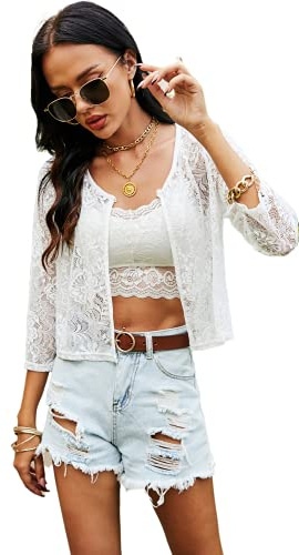 Ietaoo Bolero de encaje para mujer, chaqueta bolero, chal de verano, mangas 3/4, chaqueta de hombros, chaqueta de punto, cárdigan corto, Blanco, L