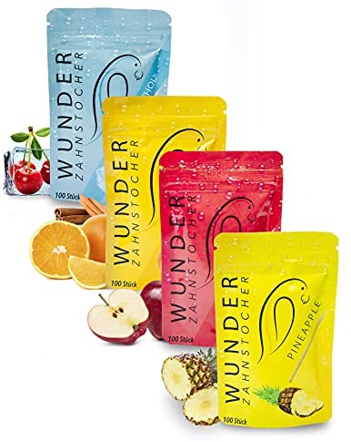Wunder Zahnstocher - Zahnstocher mit Geschmack - 4er Pack - Cool Fruit - 100 Stück pro Sorte - frischer Atem - gegen Nägelkauen & Mundgeruch - Rauchentwöhnung - zuckerfrei, vegan