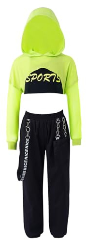 Freebily Tuta da Ginnastica Bambina 3 Pezzi Hoodie con Cappuccio + Reggiseno Sportivo + Pantaloni Sportivi Catena in Metallo Ballerina Jazz Hip Hop Danza Moderna Streetwear Menta verde 15-16 anni