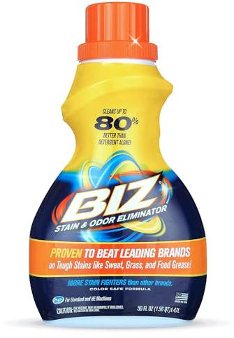 Biz Laundry Detergent Liquid Booster, Stain and Odor Eliminator for Tough Stains Like Sweat Grass and Food Grease, Best Stain Remover for Clothes, Color Safe, Bleach Free, Unscented, 50 fl oz