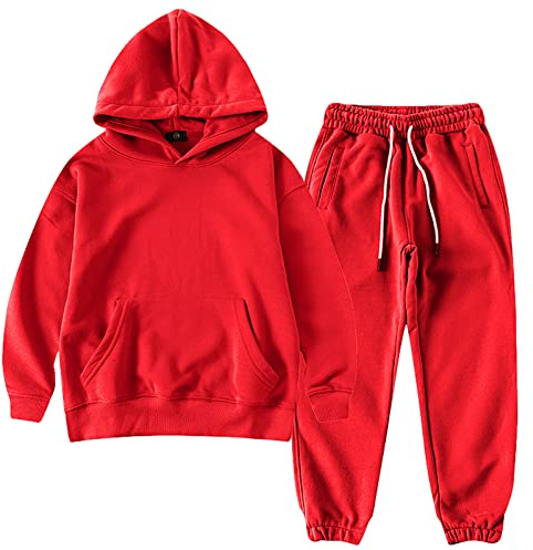 amropi Chándal Niños 2 Piezas Cálido Sudadera con Capucha y Pantalones Jogging Conjunto Ropa Rojo, 9-10 años