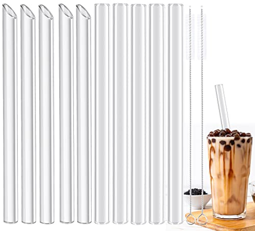 10 Pajitas de Vidrio Reutilizables, 14mm × 215mm Pajitas Cristal Rectas, Pajitas Vidrio Transparentes con 2 Cepillos De Limpieza, 5 Puntiagudo+ 5 Cabeza Plana para Cócteles, Ginebra, Té, Jugo