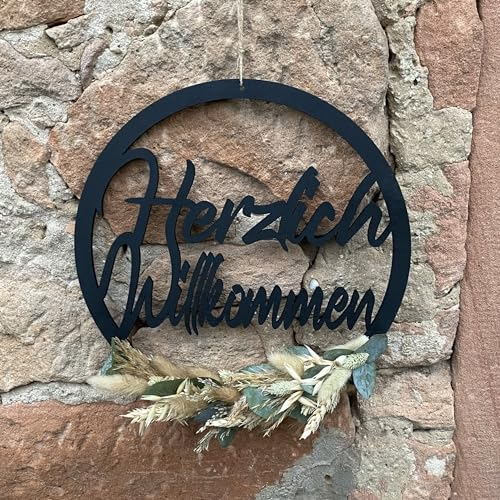 Willkommensschild I Trockenblumenkranz I Türkranz Trockenblumen I Herzlich Willkommen Türhänger I Innenbereich I ganzjährig (24cm Holz Schwarz, Naturtöne)
