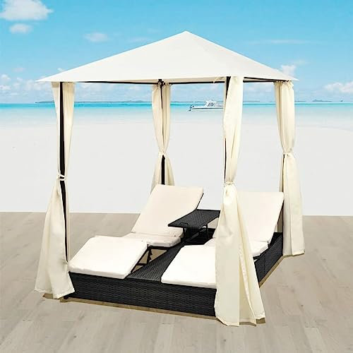 BaraSh Doppel-Sonnenliege mit Vorhang Rattan Schwarz Sonnenbett Sonnenliege Rattan Balkon Bett Outdoor Gartenliege