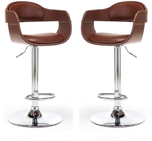 Mingone Barhocker 2er Set Barstuhl mit Lehne Sitzhocker Höhenverstellbar Drehstuhl mit Armlehnen Küchenhocker aus Kunstleder Geeignet für Bars Theken und Küchen, Braun