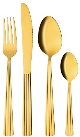 GRÄWE Set de Couverts pour 4 Personnes, en Acier Inoxydable, Couverts à Manger Dorés, 16 Pièces Passe au Lave-Vaisselle, Set de Couverts avec Décoration – Série Athènes