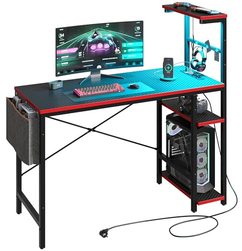 Bestier Escritorio para Ordenador con estanterías, pequeño Escritorio esquinero con iluminación LED y enchufes, 113 cm