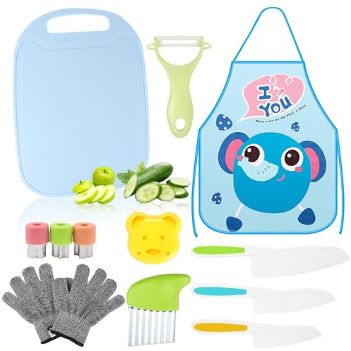 ELNLE Set di coltelli per bambini, 13 pezzi, coltello da cucina per bambini, con taglia-onda, pelapatate, tagliere, guanti resistenti al taglio per coltelli per bambini a partire dai 2 anni in su
