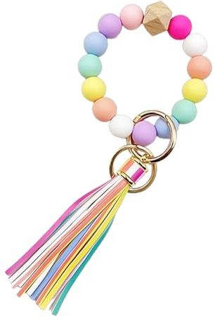 DAZZLUXE 1 Stück Handgelenk-Schlüsselanhänger, Silikon-Perlen-Schlüsselanhänger, Kreatives Silikon-Perlen-Armband, Regenbogen-Schlüsselanhänger, Mini-Quasten-Anhänger, Taschenanhänger