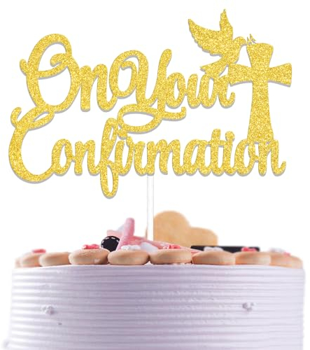 On Your Confirmation Cake Topper Holy Confirmation Decorations God Bless for Kids Birthday Baby Shower Bridal Shower Baptism Christening Party Decorations Gold Glitter