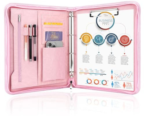 Schreibmappe 4 Ringbuch A4 Konferenzmappe Reißverschluss Leder Wasserdicht Organizer Mappe Dokumentenmappe Rosa