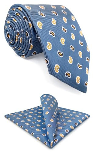 S&W SHLAX&WING Set de Corbata y Pañuelo de Bolsillo Azul Acero Paisley Amarillo para Hombre Extra Larga 160cm