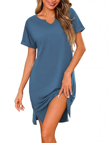 Jahetuul Nighties for Women Cotton Short Sleeve Women's Nightdresses V-Neck Nightwear for Ladies Nightshirts Loungewear S-3XL Light Blue
