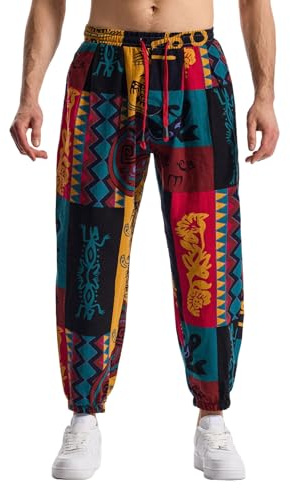 MakingDa Pantaloni da jogging da uomo in cotone con elastico in vita, stampati a paisley, stile hippie, vestibilità ampia, comodi per spiaggia, passeggiate, corsa e jogging, L