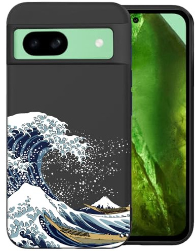 Unov Case Designed for Pixel 8a, Black Phone Case with [Anti-Slip Embossed Pattern], Shockproof Slim Protective [Anti-Scratch TPU] Back Cover, Great Wave