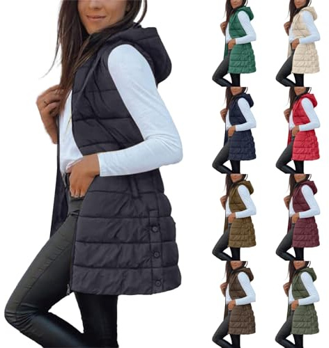 Chaleco Mujer Largo Invierno Acolchado Chaqueta sin Mangas Algodón Chalecos Largos Casual Moda Abrigo con Capucha Abrigos De Invierno Termico Parka Cálido Talla Grande Outwear con Cremallera Otoño