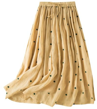 Summer Skirts for Women UK Midi Pleated Skirts Ladies Polka Dot A Line Elasticated Waist Cotton Linen Long Flared Flowy for Beach Loungewear Yellow
