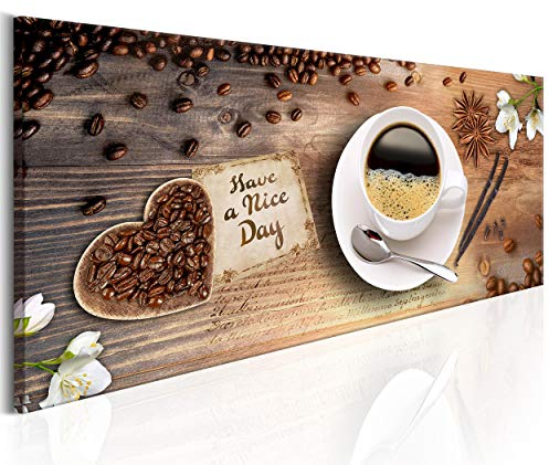 decomonkey Bilder Kaffee Küche 120x40 cm XXL 1 Teilig Leinwandbilder Bild auf Leinwand Vlies Wandbild Kunstdruck Wanddeko Wand Wohnzimmer Wanddekoration Deko Kochen Caffe Herz Blumen