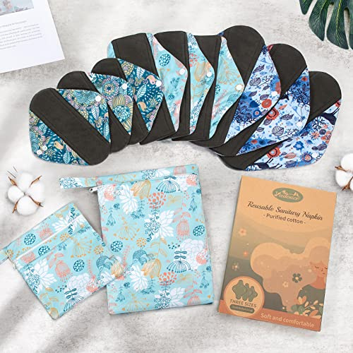 Viedouce Serviette Hygiénique Lavable,Lot de 9 Serviettes Hygiéniques Réutilisables,Serviette Hygiénique en Tissu,Protege Slip Lavable avec 2 étanches Sacs de rangement