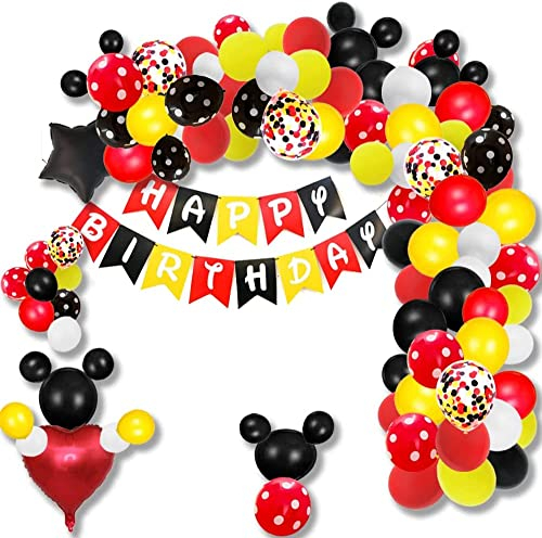156 Pcs Cartoon Mouse Balloons Arch Garland Kit 18'' 12'' 10'' 5'' Foil Confetti Black Red Yellow White Latex Balloons for Mouse Theme Birthday Party Supplies Baby Shower Birthday Wedding Decoration …