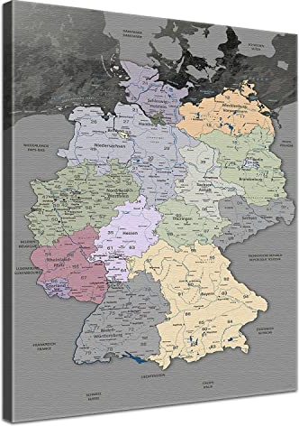 LANA KK - Premium Pinnwand Deutschlandkarte - Edelgrau - Deutsch - in 60 x 80 cm, stabile Rückwand zum Pinnen inkl. Starterkit - Leinwand-Kunstdruck Wandbild Landkarte XXL
