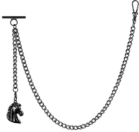 ZTA Albert Chain - Cadena de reloj de bolsillo de color negro con diseño de cabeza de caballo, colgante para medalla con cierre giratorio de barra en T, negro, Estilo vintage