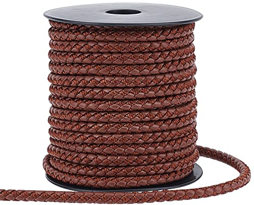 PH PandaHall 10.95 Yard Braided Leather Cord 5mm Round Leather String Cord Brown Imitation Leathers Rope Bolo Leathers Cords for Necklace Bracelet Belt Crafts Making Bolo Tie Distressed