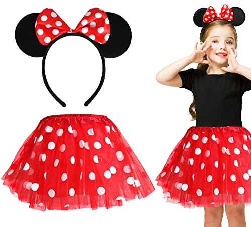 Deguisement Mouse Enfant Fille,Costume de Souris pour Fille avec Bandeau& Tutu,Déguisement À Pois Jupe en Tulle + Bandeau avec Noeud Rouge & Pois Blancs pour Anniversaire Fete Halloween Carnaval-Rouge