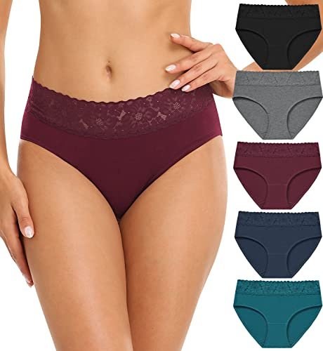 Wealurre Bragas Mujer Algodon y Encaje Braguitas Cintura Media Suaves y Cómodas Ropa Interior Pack de 5,M,Dark Color