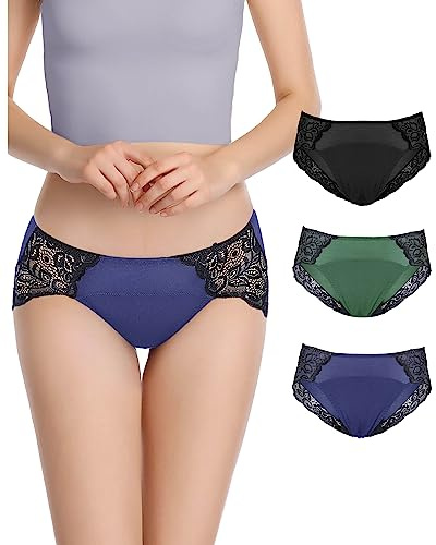 Neione Mujer Bragas Menstruales de Encaje Braguita Hipster Menstrual para Postparto Regla Menstruación Periodo Ropa Interior Pack de 3 Emrio XS