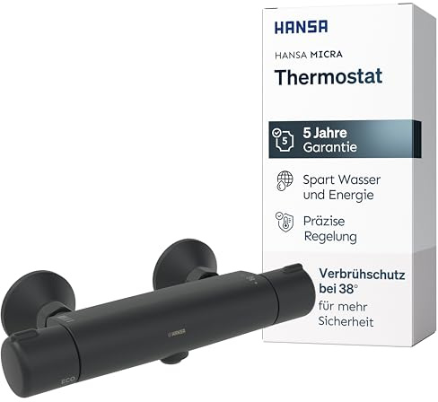 HANSA MICRA Termostat dusch I duscharmatur med skållskydd 38 °C och ThermoCool funktion I vattenbesparande med EcoFlow 11,4 l/min | Blandare för badrum | Badrumskran, duschtermostat | svart