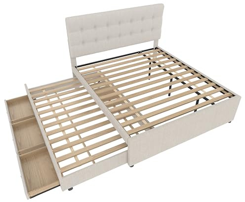Cama Tapizada Doble 140 x 200 cm Con Extraíble y 3 Cajones - Lino, Altura Regulable, Cabecero Nido, Familiar (Beige)