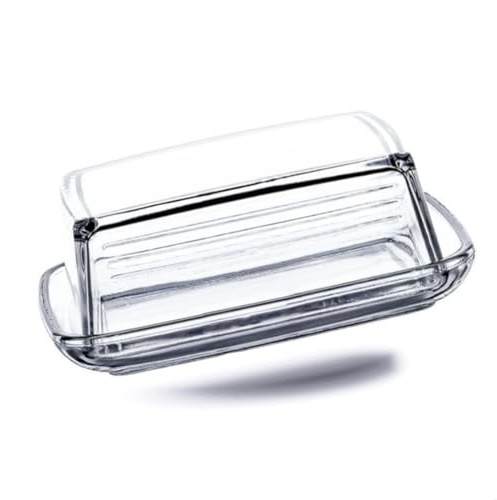 Kerafactum Caja de cristal clásica para mantequilla, recipiente transparente rectangular, tapa