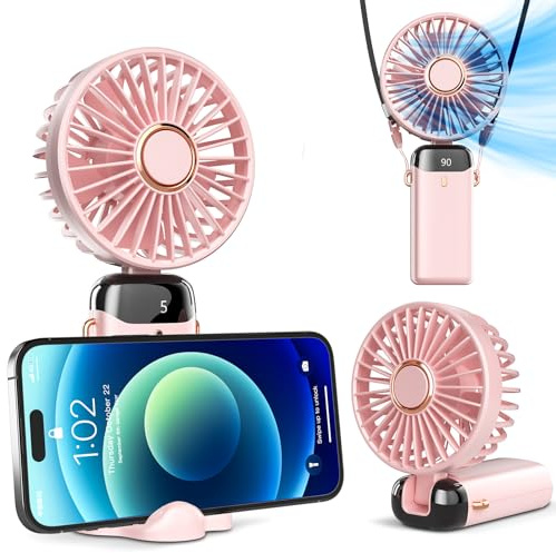 Koonie Handheld Fan, 5 Speeds, 90° Foldable, USB Rechargeable, Pink