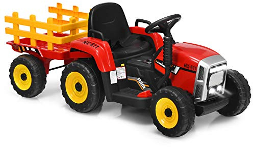 GOPLUS 12V Kinder Traktor mit Anhänge, 3-Gang Kinder Aufsitztraktor Elektrisch mit 2,4G Fernbedienung, Elektrofahrzeug mit LED-Licht & Musik & Bluetooth, für Jungen & Mädchen ab 3 Jahre (Rot)