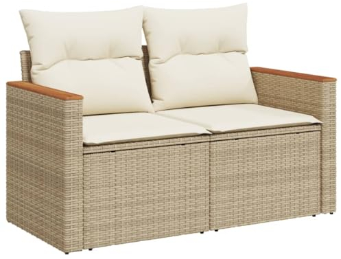 vidaXL Gartensofa mit Kissen 2-Sitzer, Sofa mit Staufach unter Sitzfläche, Terrassensofa mit abnehmbarem waschbarem Bezug, Gartenmöbel Terrassenmöbel, Beige Poly Rattan