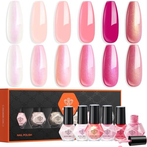 Modelones Vernis à Ongles, 6 PCS Brillant Séchage Rapide Vernis à Ongles Lot Hot Rosa Blanc Nude Pearl, à Base D'eau Vernis Lot, DIY Nail Art Manucure, Cadeau pour Les Femmes