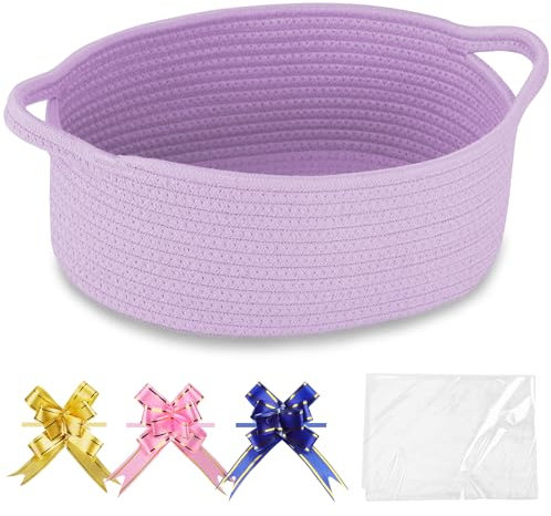 COMSE Small Woven Basket with Gift Bags and Ribbons, Gift Basket Empty, Nursery Organisers Storage for Baby Toy, Cotton Rope, 30.5 x 20 x 13 CM, Purple