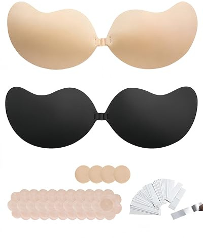 ASDIIT 2 par klibbiga bh push-up rygglösa behåar för kvinnor, axelbandslösa osynliga behåar, återanvändbar, självhäftande gel-BH för sommar, strandfest, bröllop, vardagskläder, Svart och naken, D