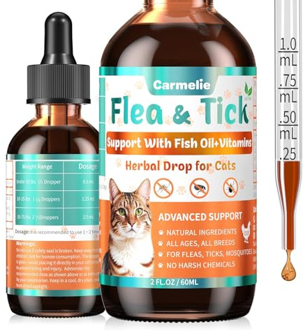 Flea and Tick Prevention for Cat, Flea Drops with Vitamins Fish Oil 2 fl oz
